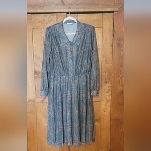 Vintage Teal Paisley Long Sleeve Dress